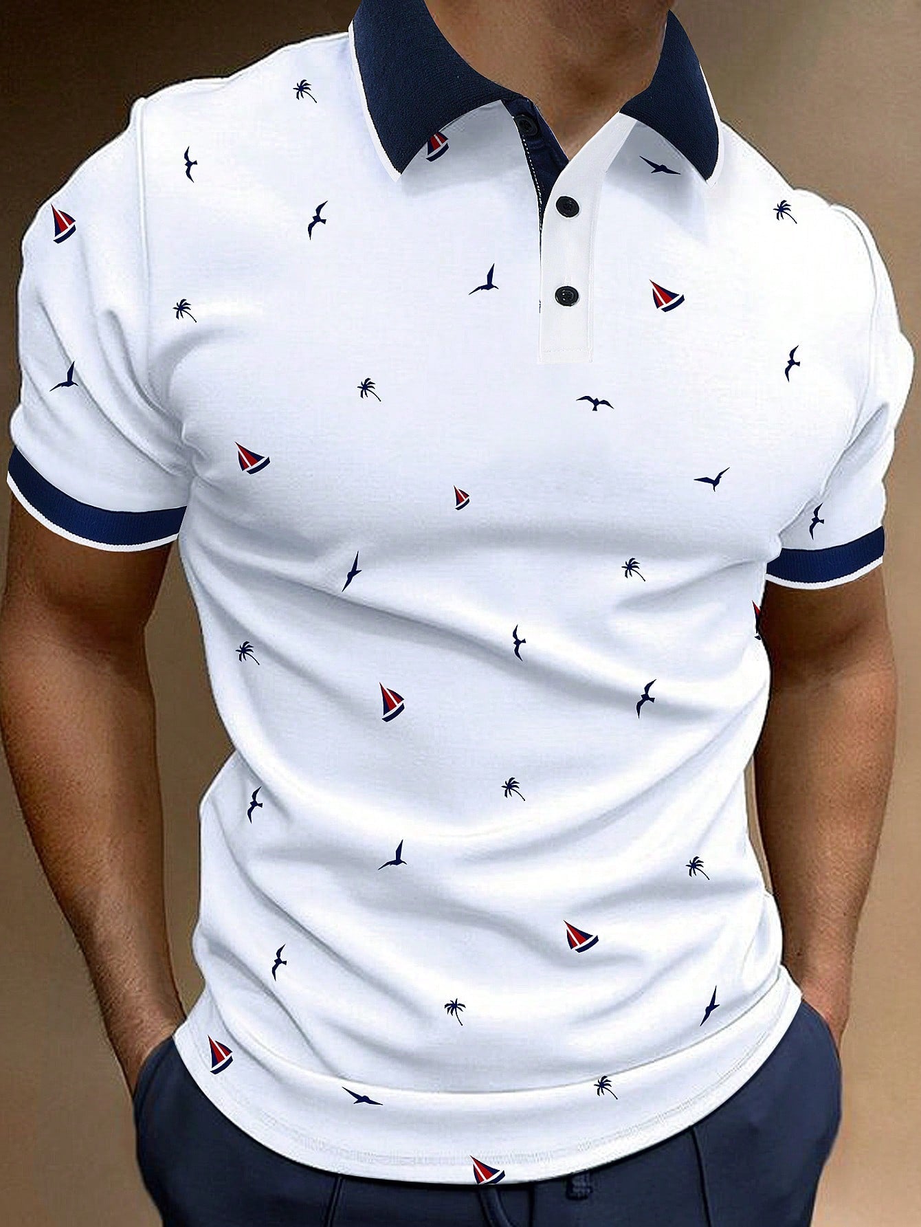 Manfinity Mode Men Allover Print Contrast Trim Polo Shirt, Half Button Collar Graphic Tropical Funny  Polo Shirt