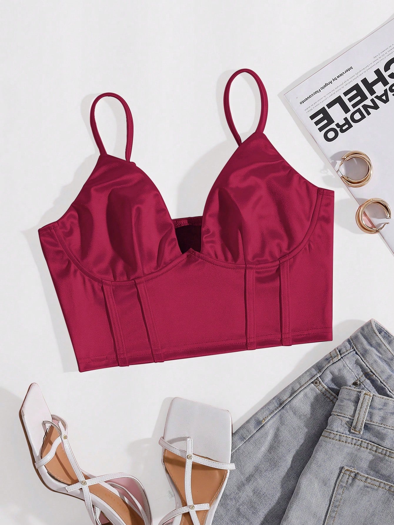 Solid Bustier Satin Crop Cami Top