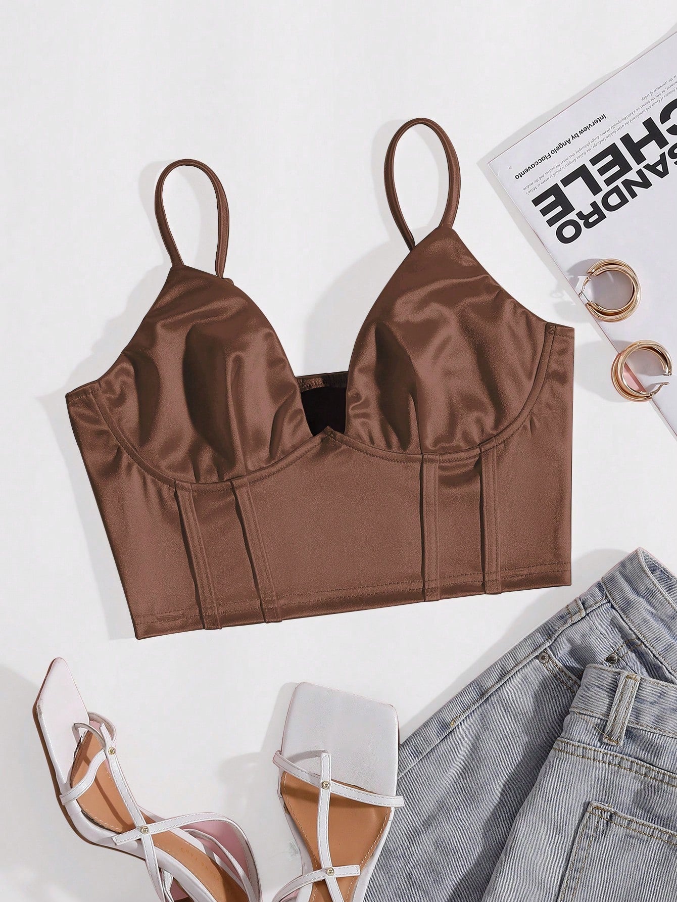 Solid Bustier Satin Crop Cami Top