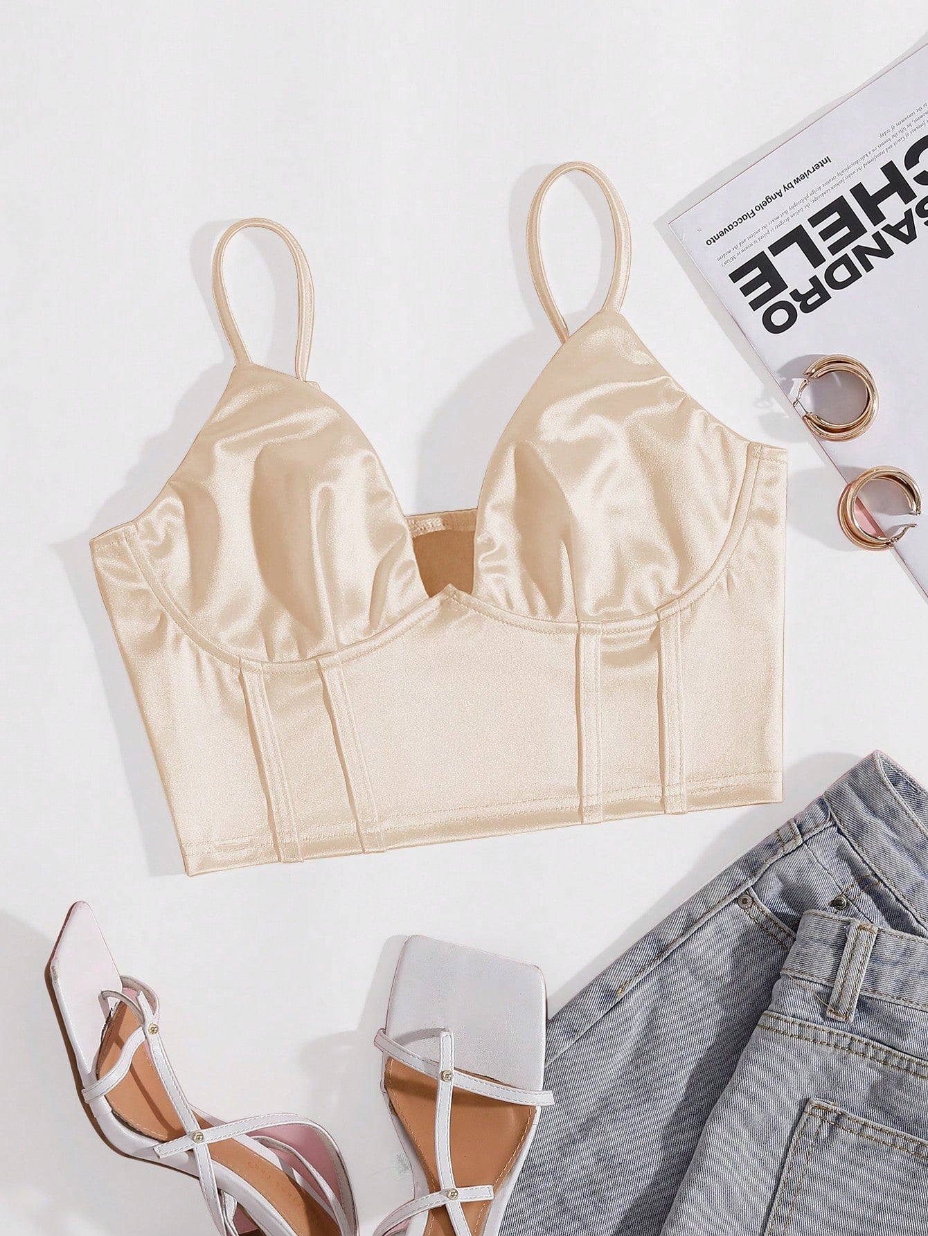 Solid Bustier Satin Crop Cami Top