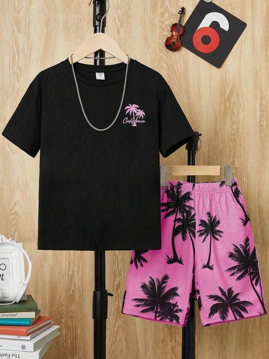 Tween Boys' Coconut Tree Pattern Beach Style T-Shirt And Shorts