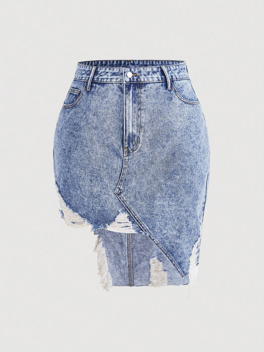 Plus Ripped Raw Cut Asymmetrical Hem Denim Skirt