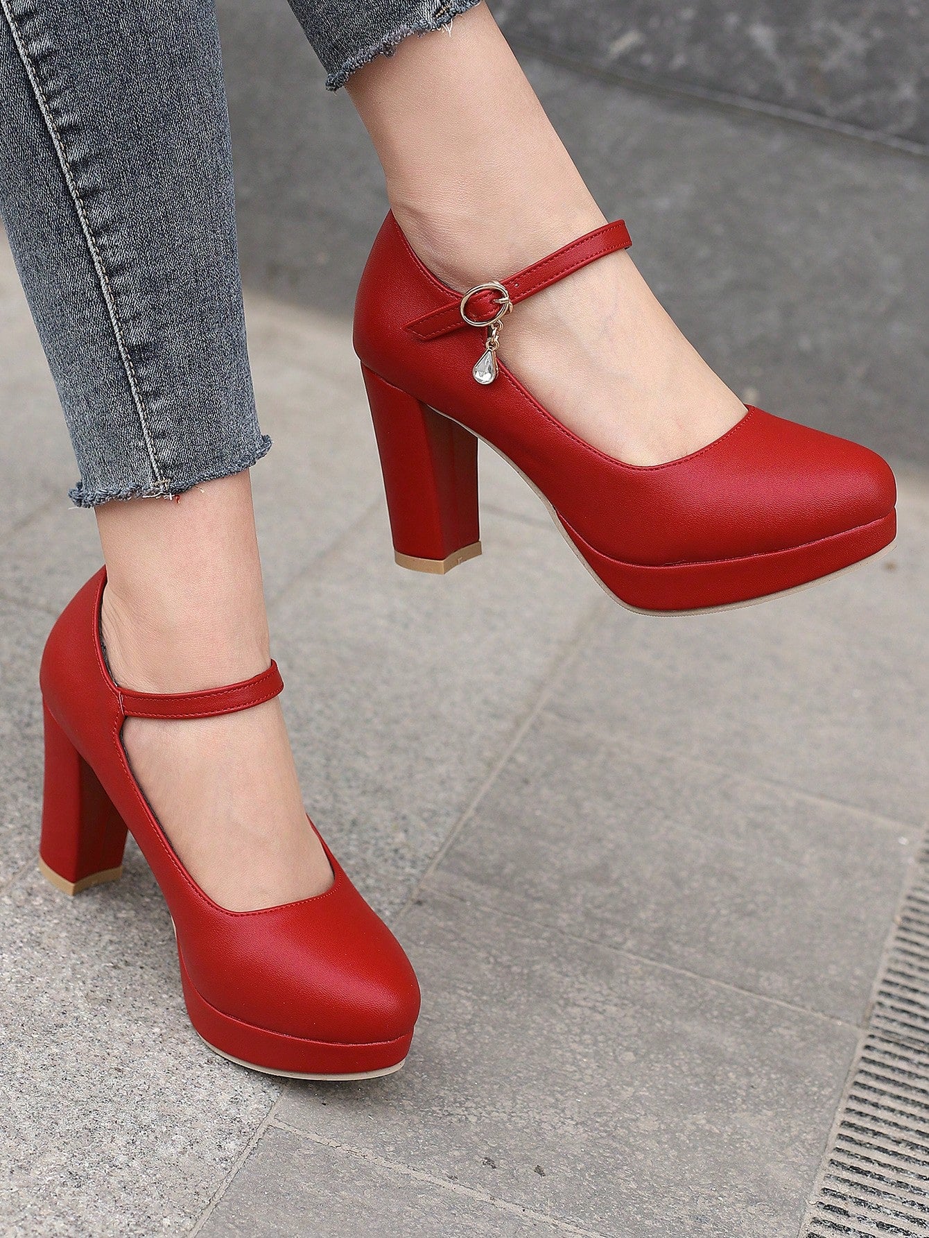 Women Rhinestone Decor Mary Jane Pumps, Chunky Heeled Glamorous Pumps Red