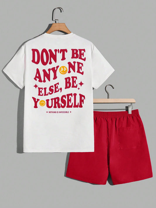 Men Slogan Graphic Tee & Shorts