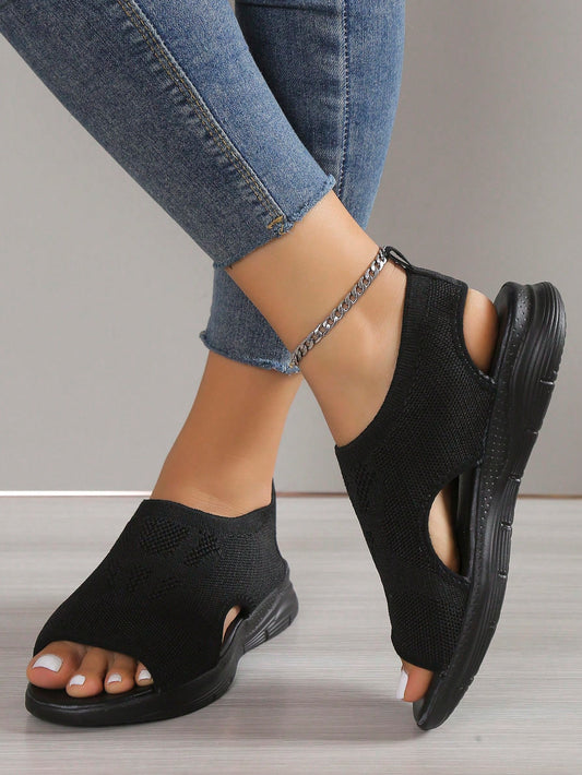 Women Minimalist Cut Out Sports Sandals, Sporty Black Polyester Sport Sandals