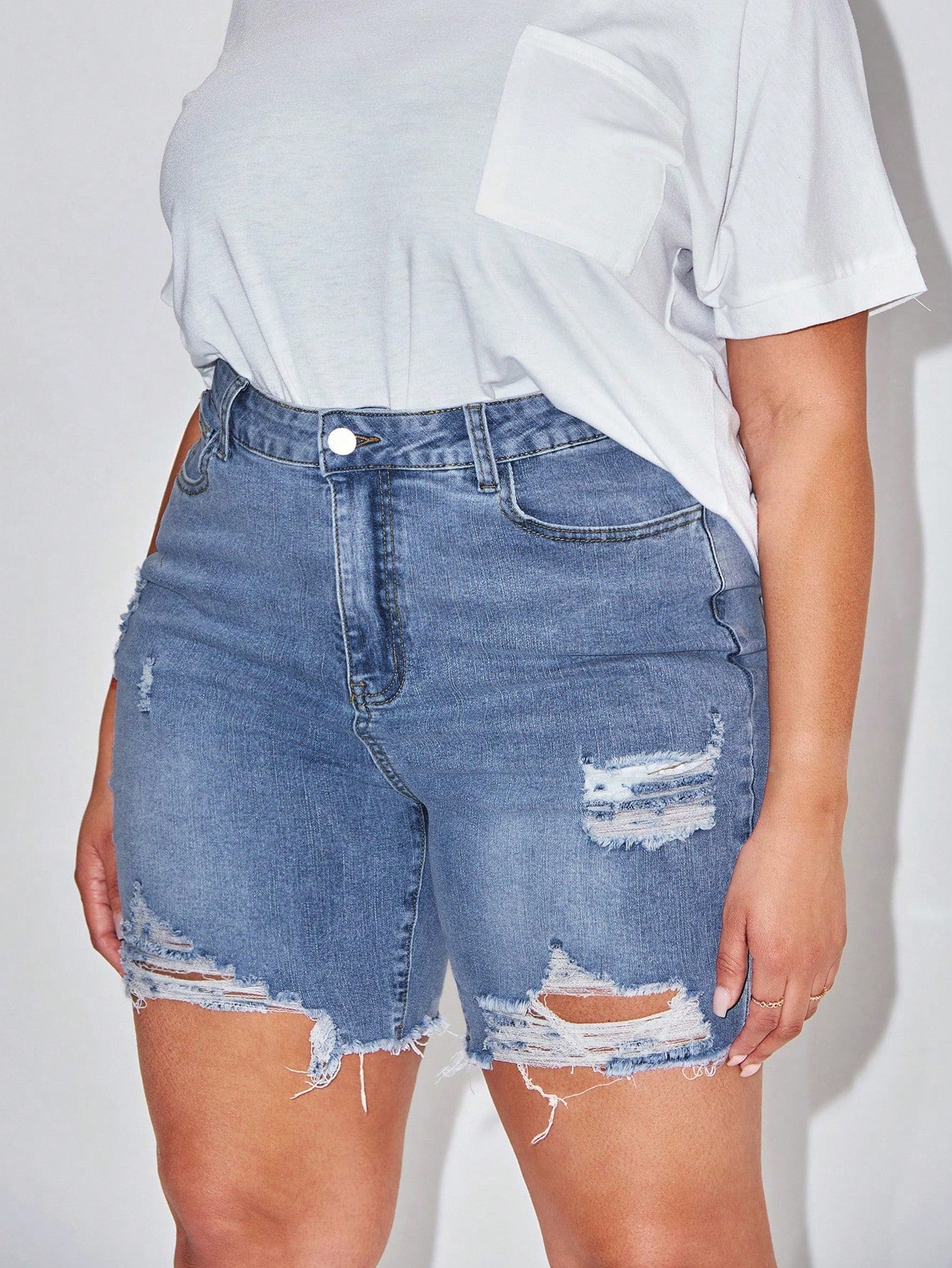 Plus Size Solid Color Denim Shorts With Pockets, Rips And Frayed Hem