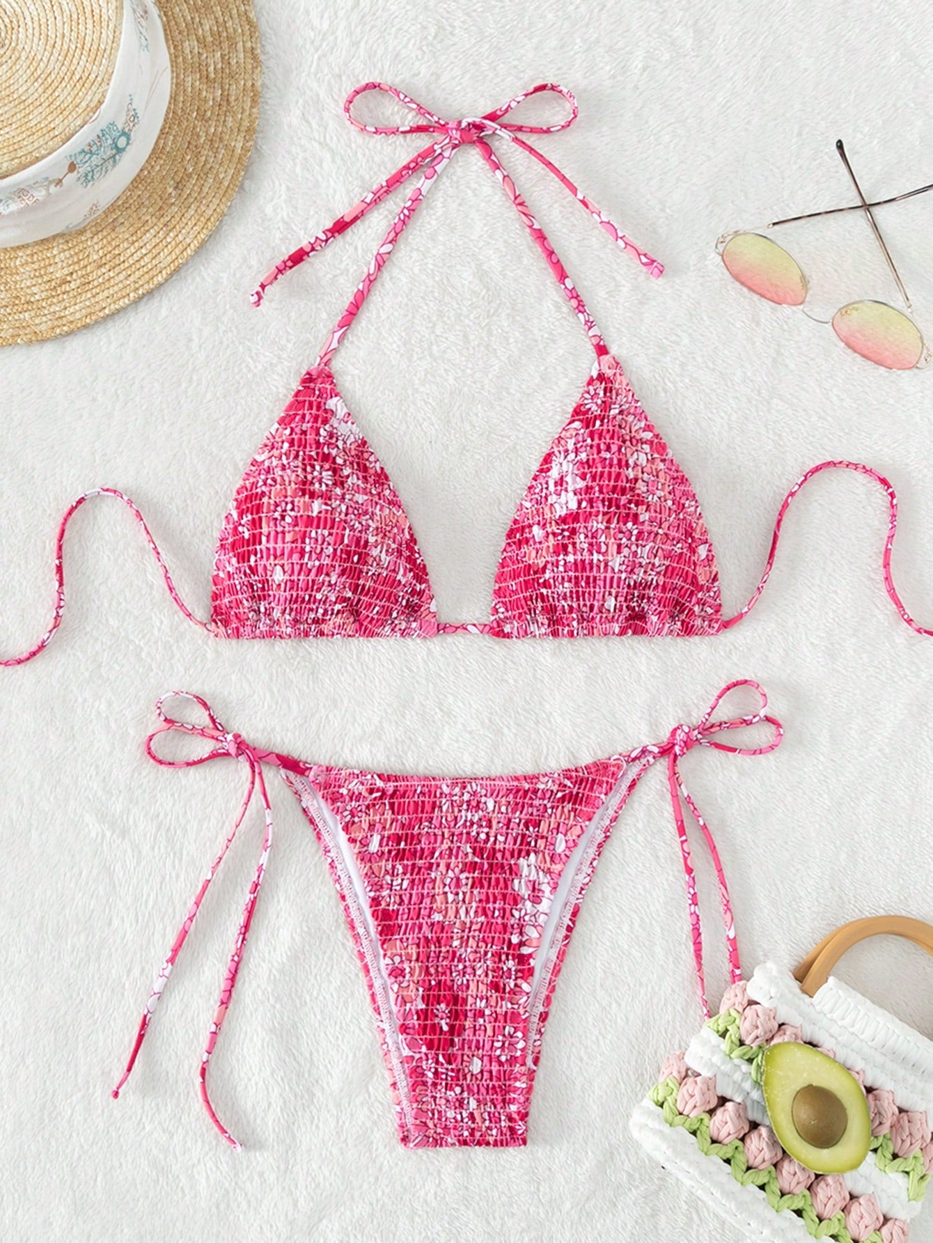 Swim Mod Summer Beach Floral Print Smocked Halter Triangle Bikini Set