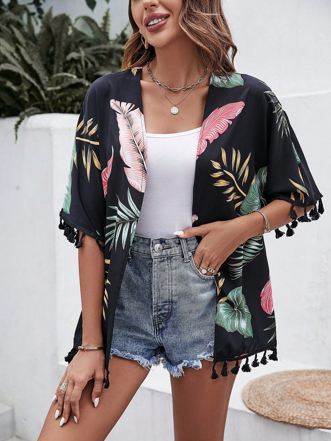 Summer Beach Tropical Print Tassel Trim Kimono