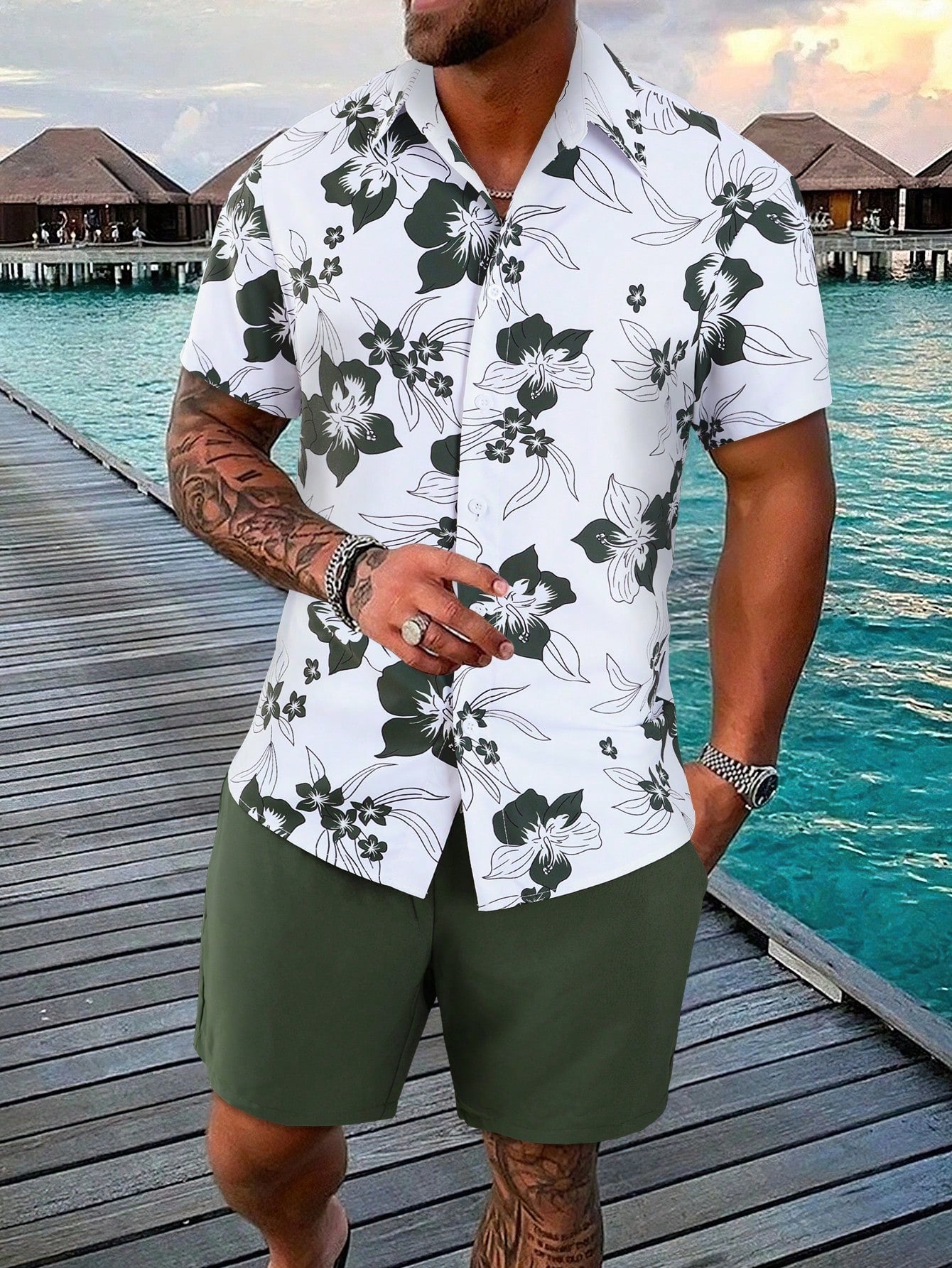 Men Floral Print Shirt & Drawstring Waist Shorts Without Tee