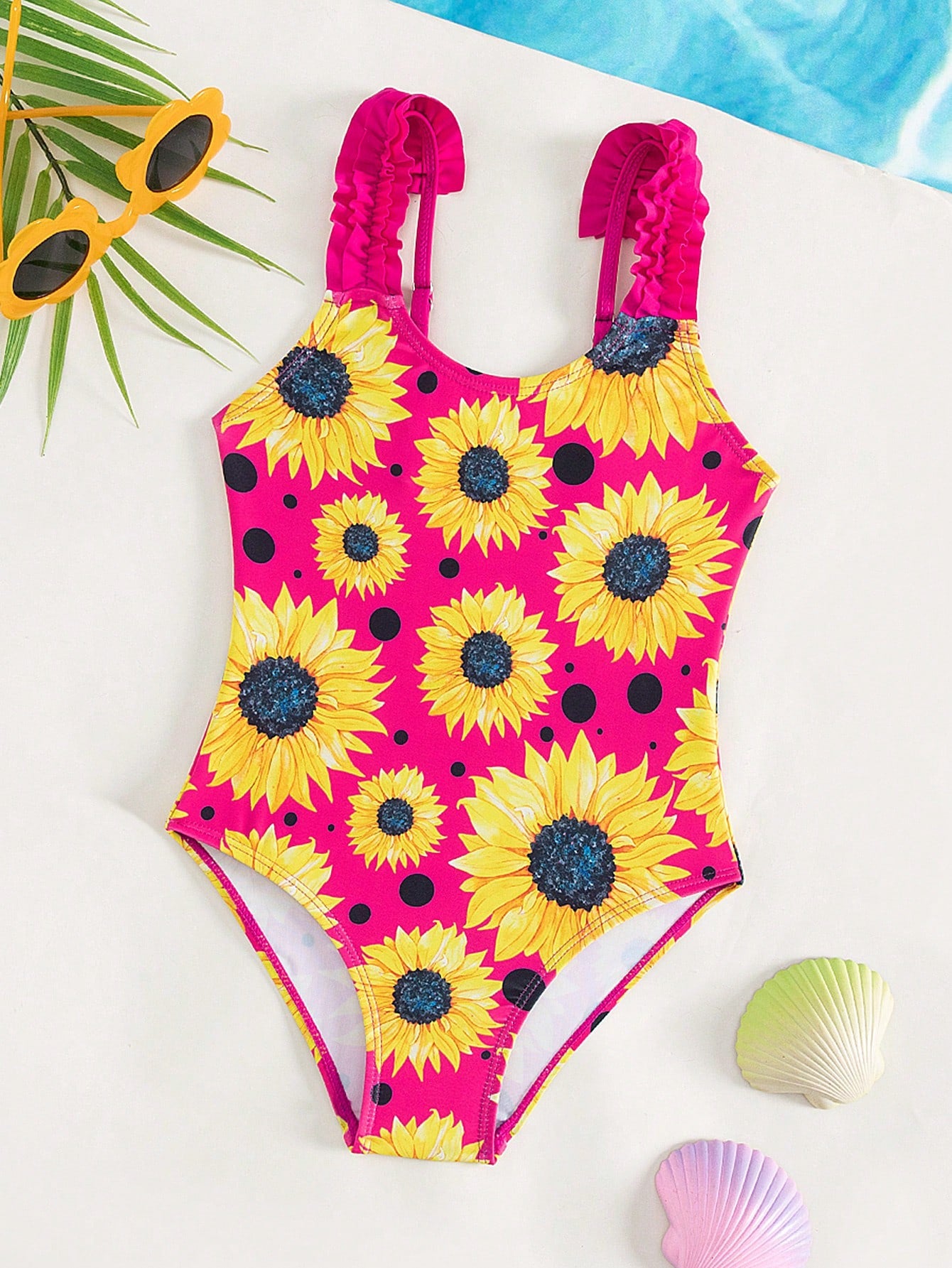 Young Girl Sunflower Print Frill Trim One Piece Swimsuit