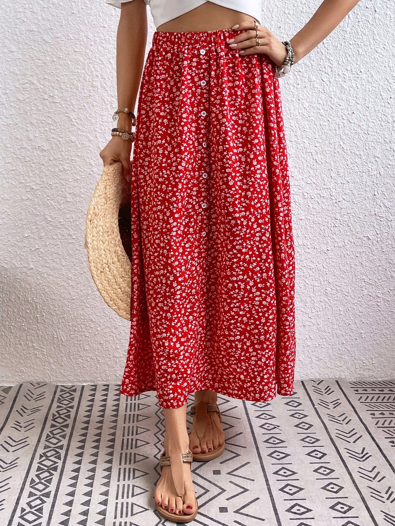 Summer Elastic Waist Casual Long Skirt With Ditsy Floral