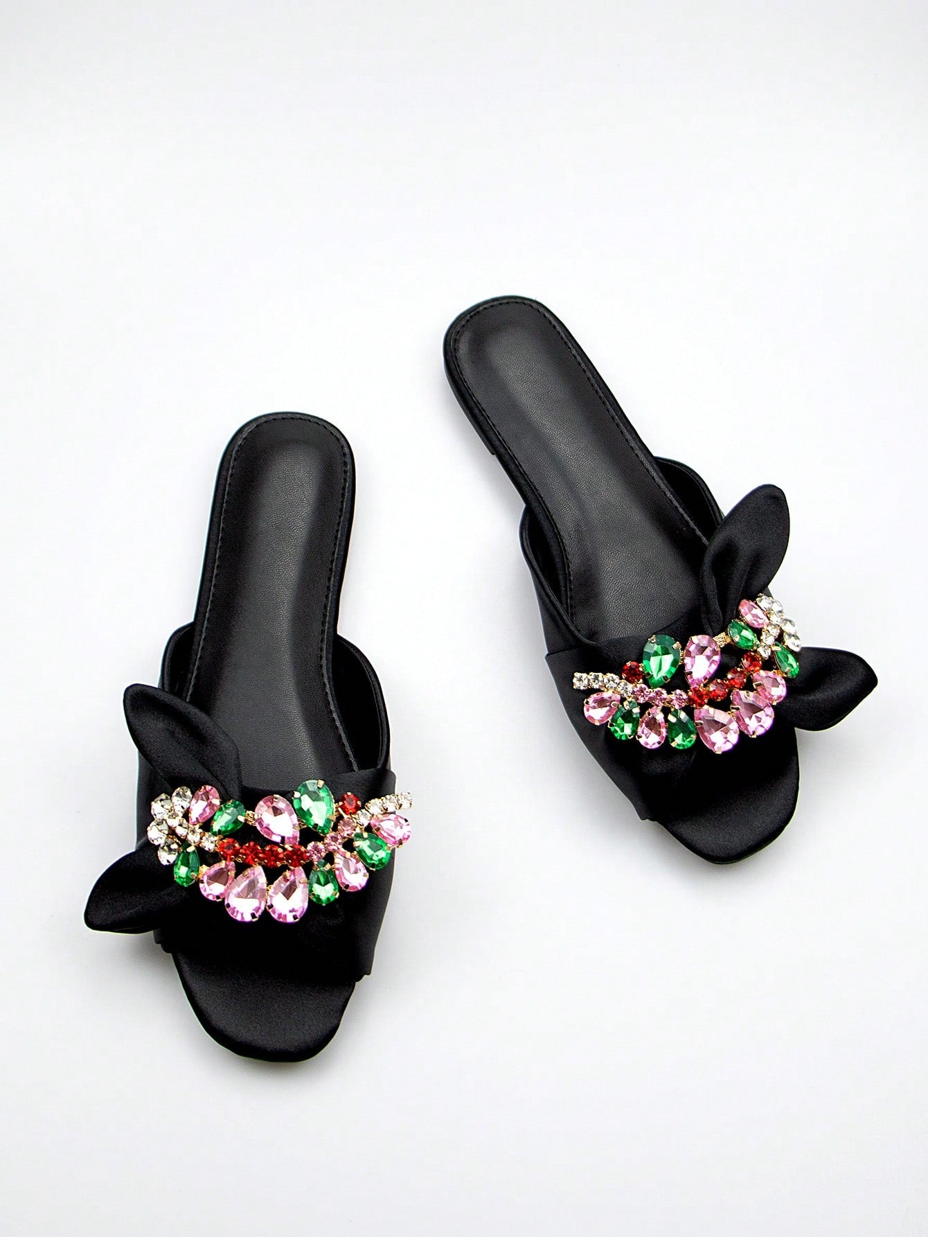 Women Rhinestone & Bow Decor Slide Sandals, Glamorous Sandals