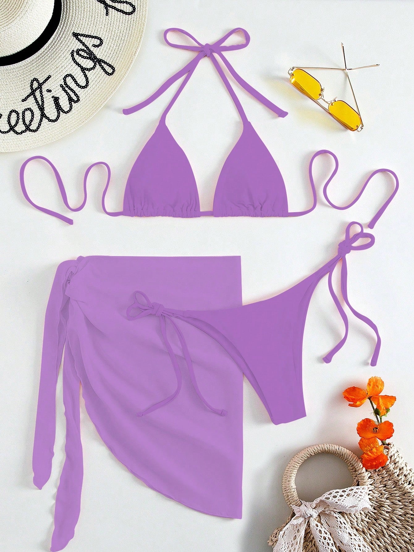 Swim Summer Beach Solid Bikini Set Triangle Bra & Thong Bottom & Beach Skirt 3 Piece Bathing Suit