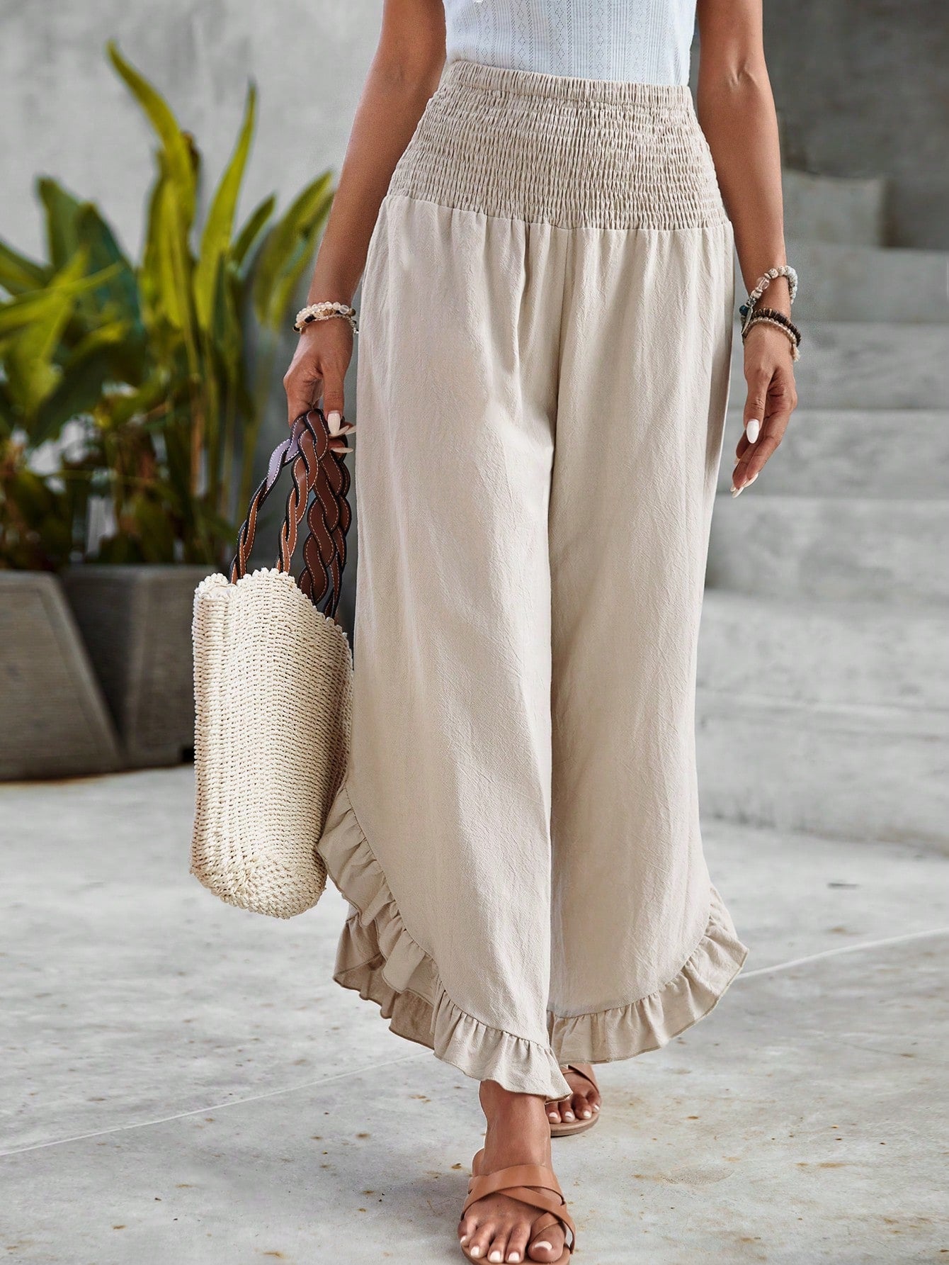 Solid Ruffle Hem Wide Leg Pants