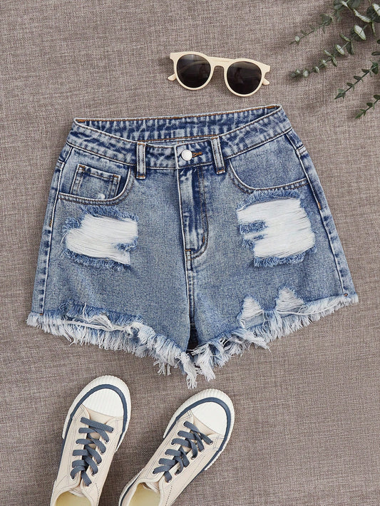 Teen Girls Ripped Raw Hem Denim Shorts