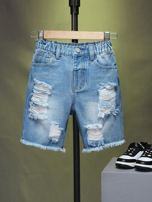 Young Boy Daily Boho Street Casual Casual Destroy Raw Hem Elastic Waist Denim Shorts