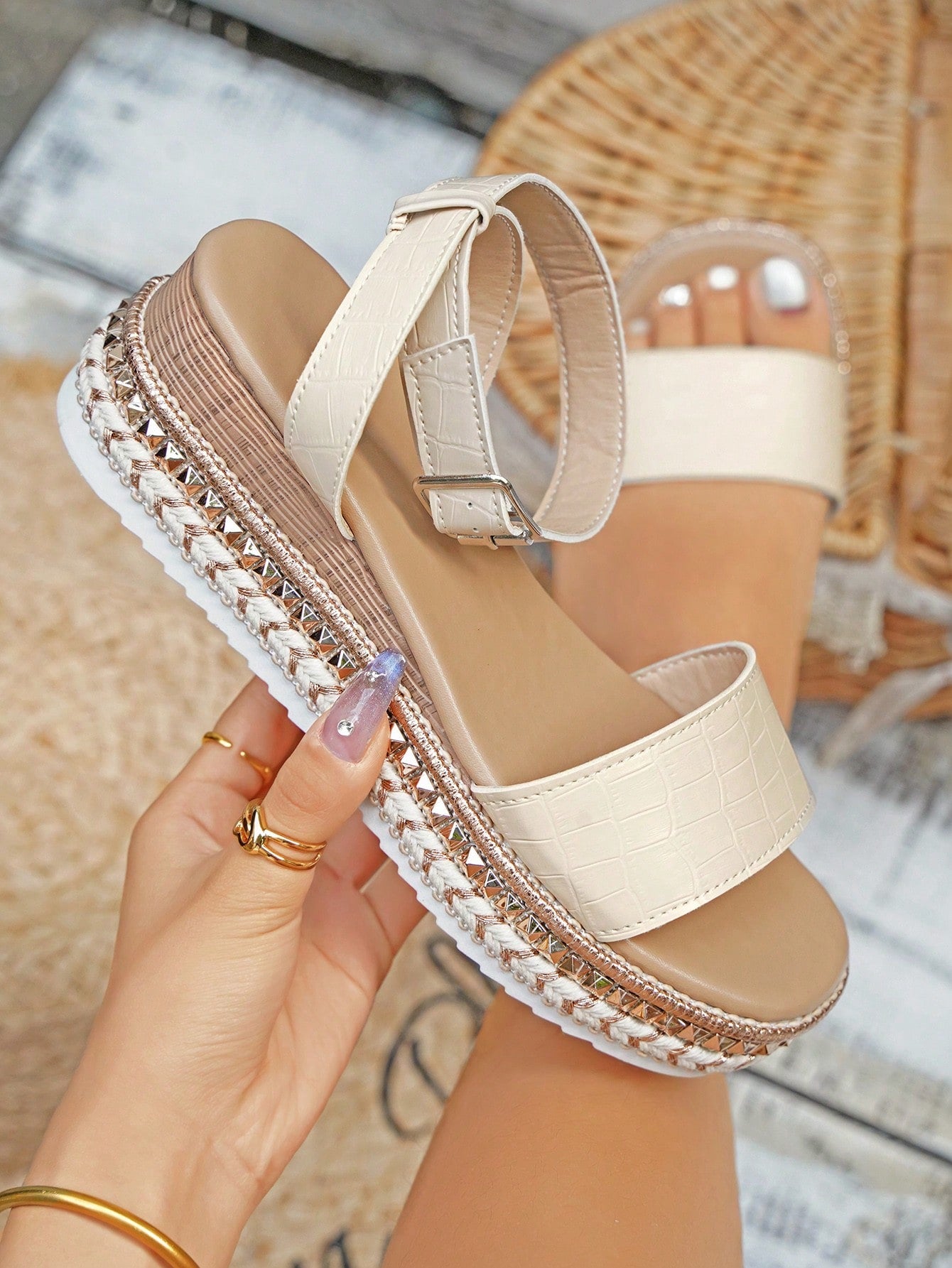 Women's Comfortable Casual Straw Woven Wedges, Peep-Toe PU Leather Sandals With Buckle Ankle Strap, Summer