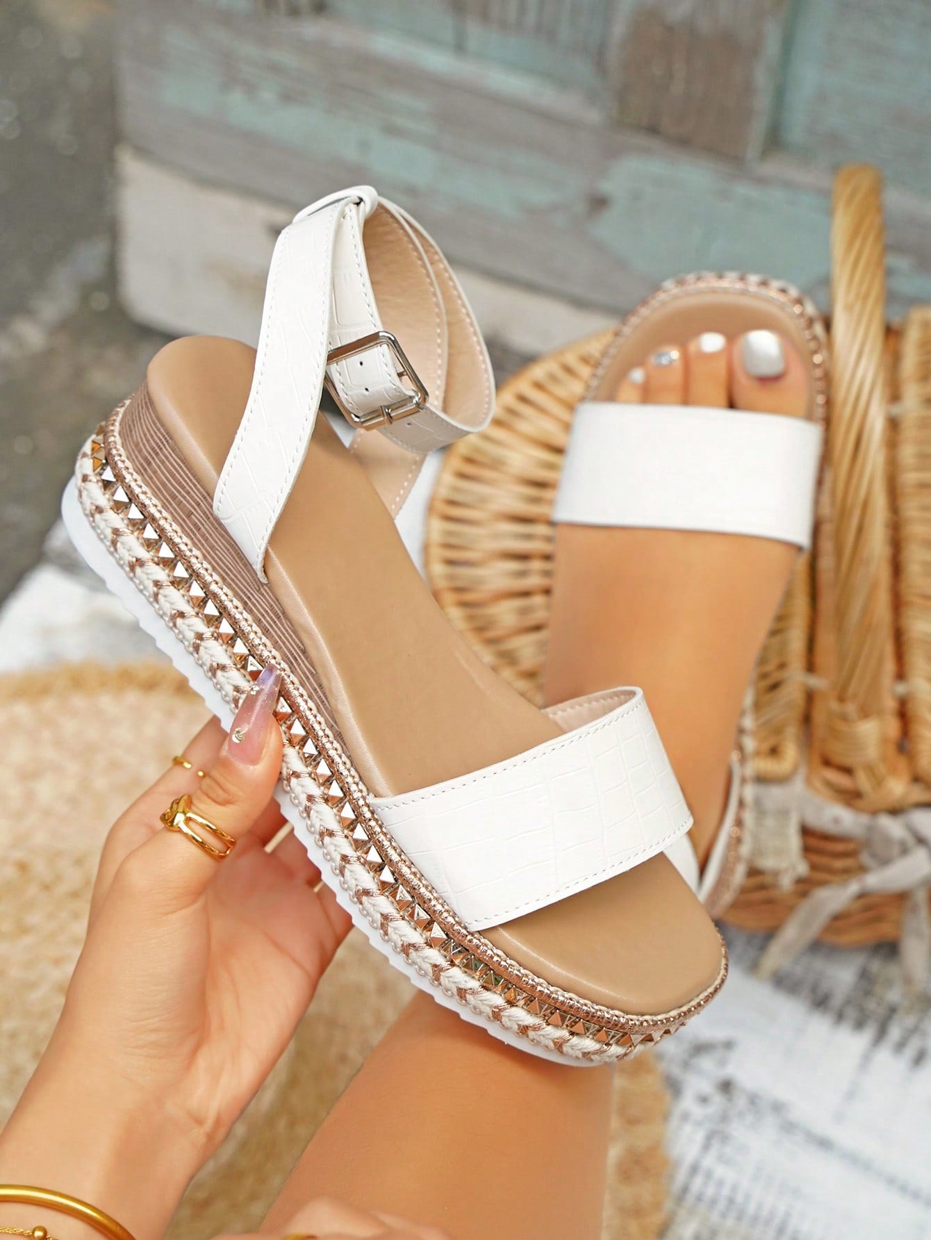 Women's Comfortable Casual Straw Woven Wedges, Peep-Toe PU Leather Sandals With Buckle Ankle Strap, Summer