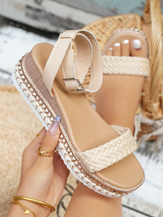 Vacation Ankle Strap Wedge Sandals For Women, Braid Detail Espadrille Wedge Sandals