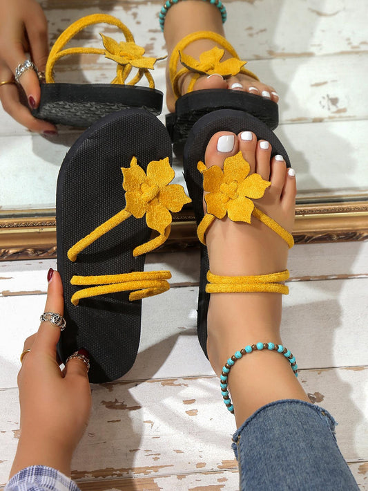 Women Flower Decor Thong Sandals, Fashionable Outdoor Polyester Flat Sandals