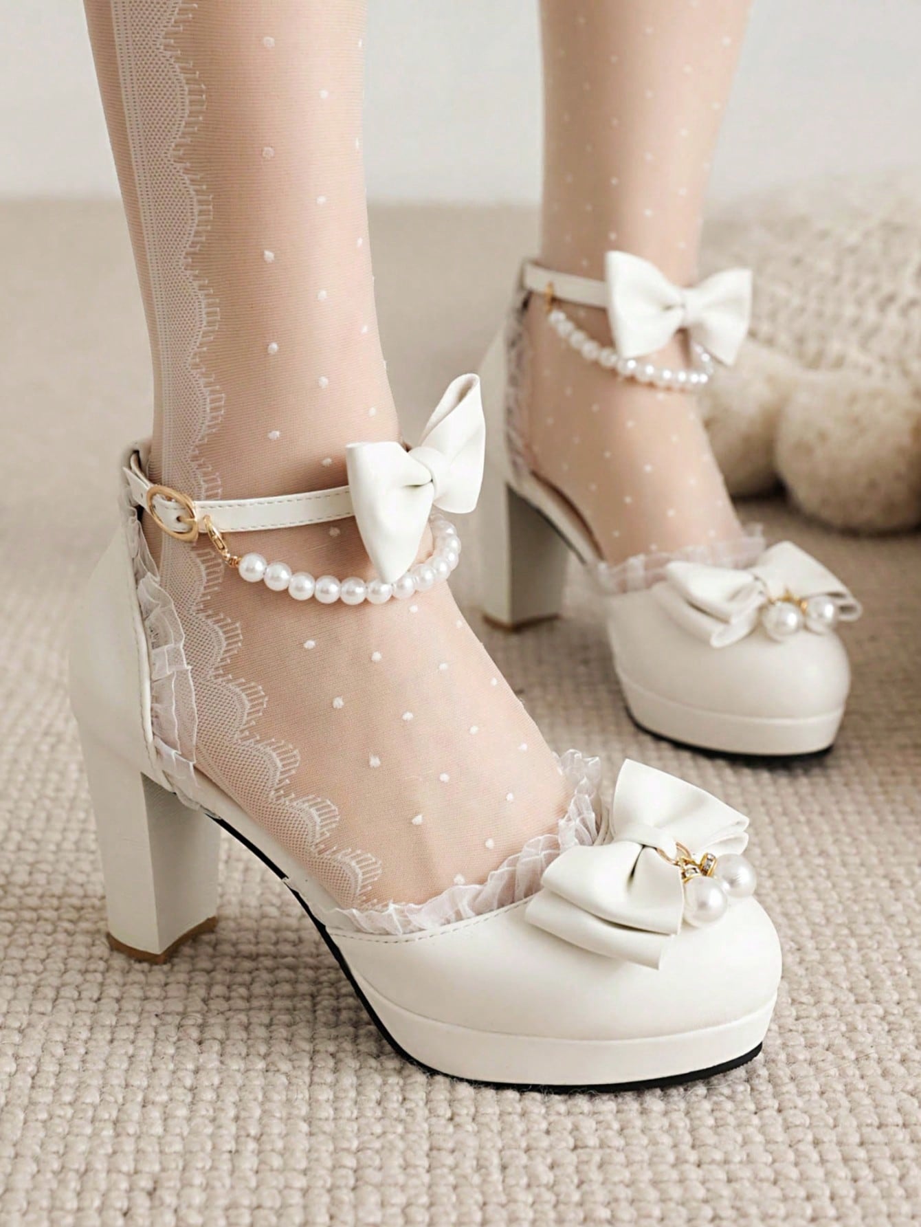 Women Bow & Faux Pearls Decor Chunky Heeled Ankle Strap Pumps, Preppy Outdoor Pumps