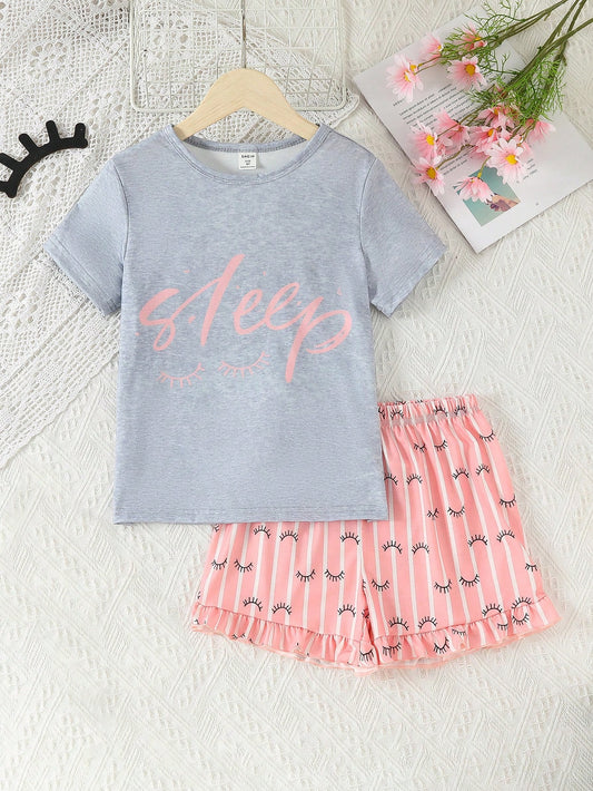 Tween Girl Letter Graphic Tee & Striped Ruffle Trim Shorts PJ Set