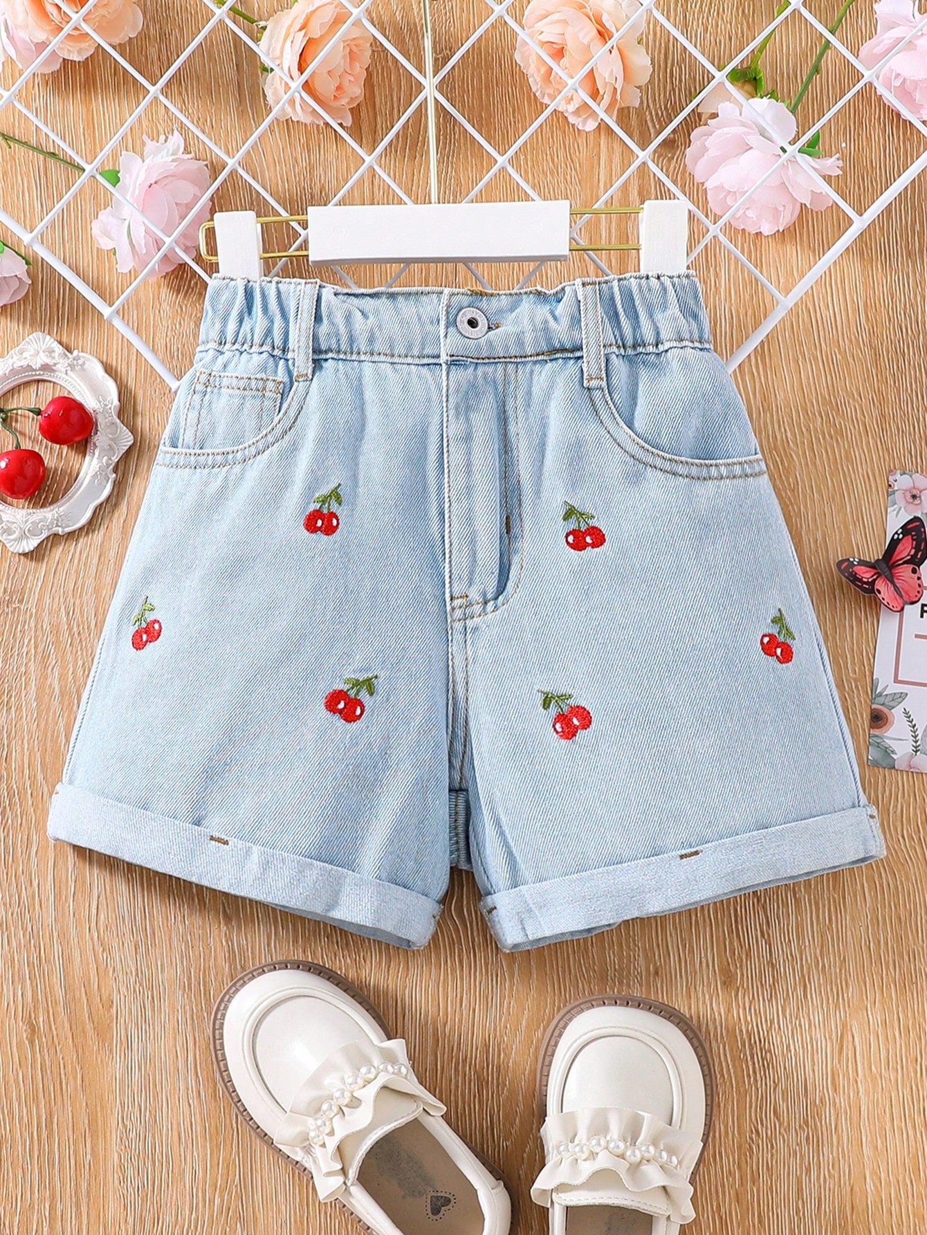 Tween Girl Summer Style Cute Cherry Embroidery Denim Shorts With Countryside Vacation Theme