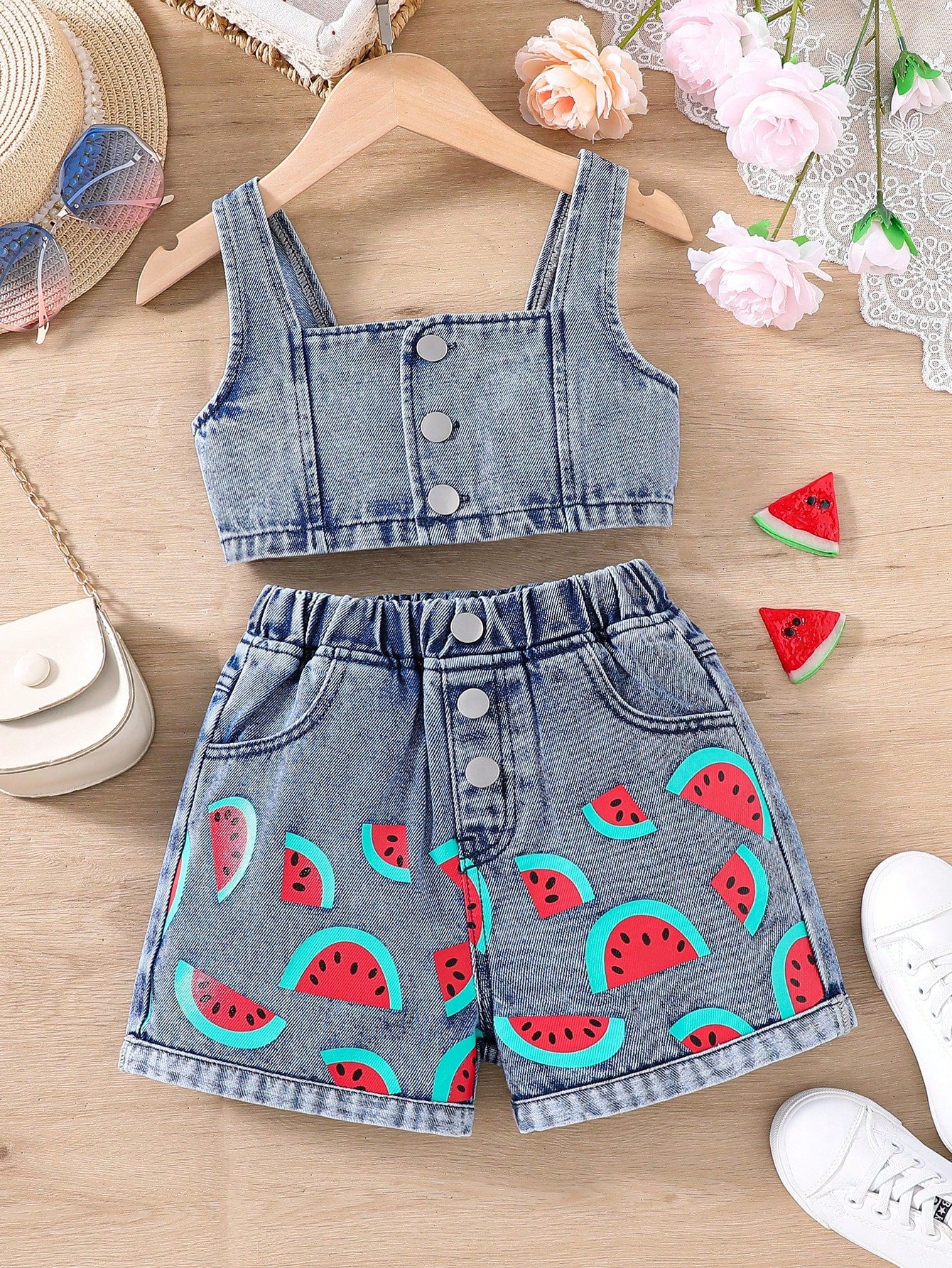 Young Girl Watermelon Print Denim Tank Top & Shorts Set