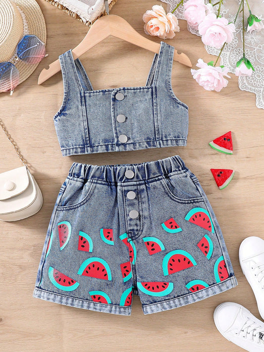 Young Girl Watermelon Print Denim Tank Top & Shorts Set