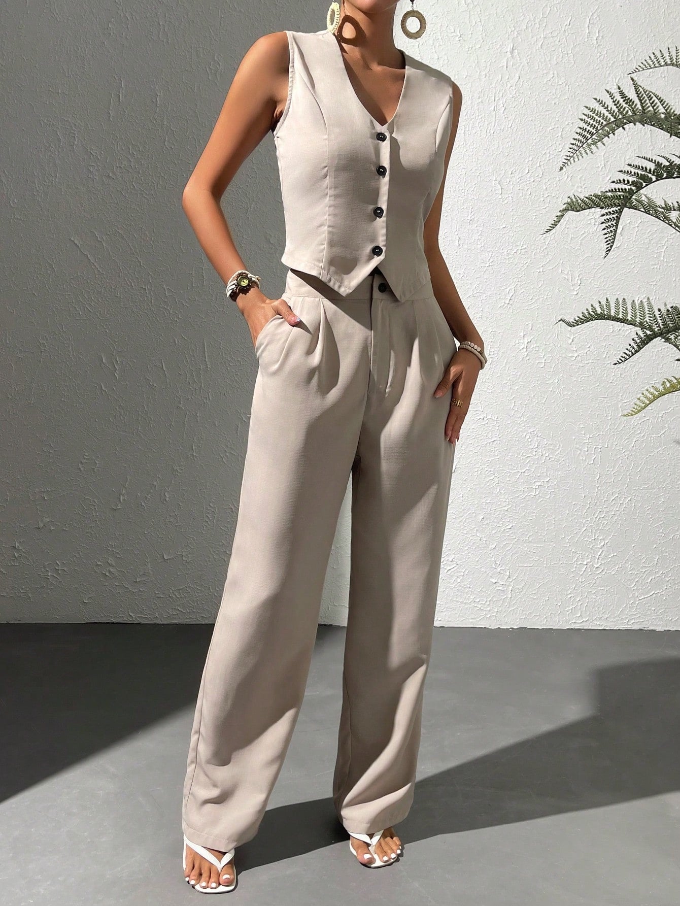 Solid Button Front Vest Blazer & Wide Leg Pants