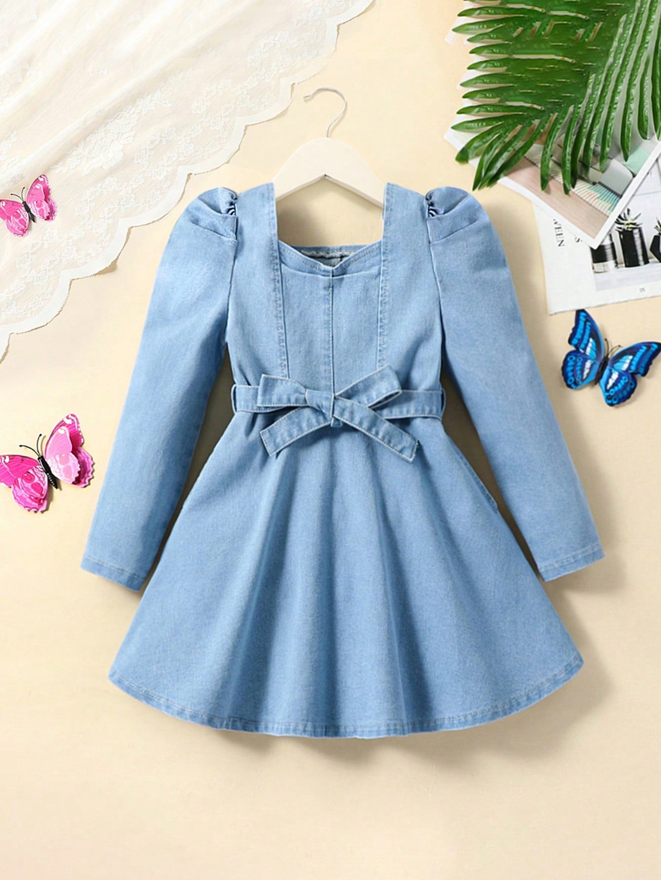 Girls Retro Elegant Elastic Comfortable Puff Sleeve Belt Denim Long Sleeve Dress