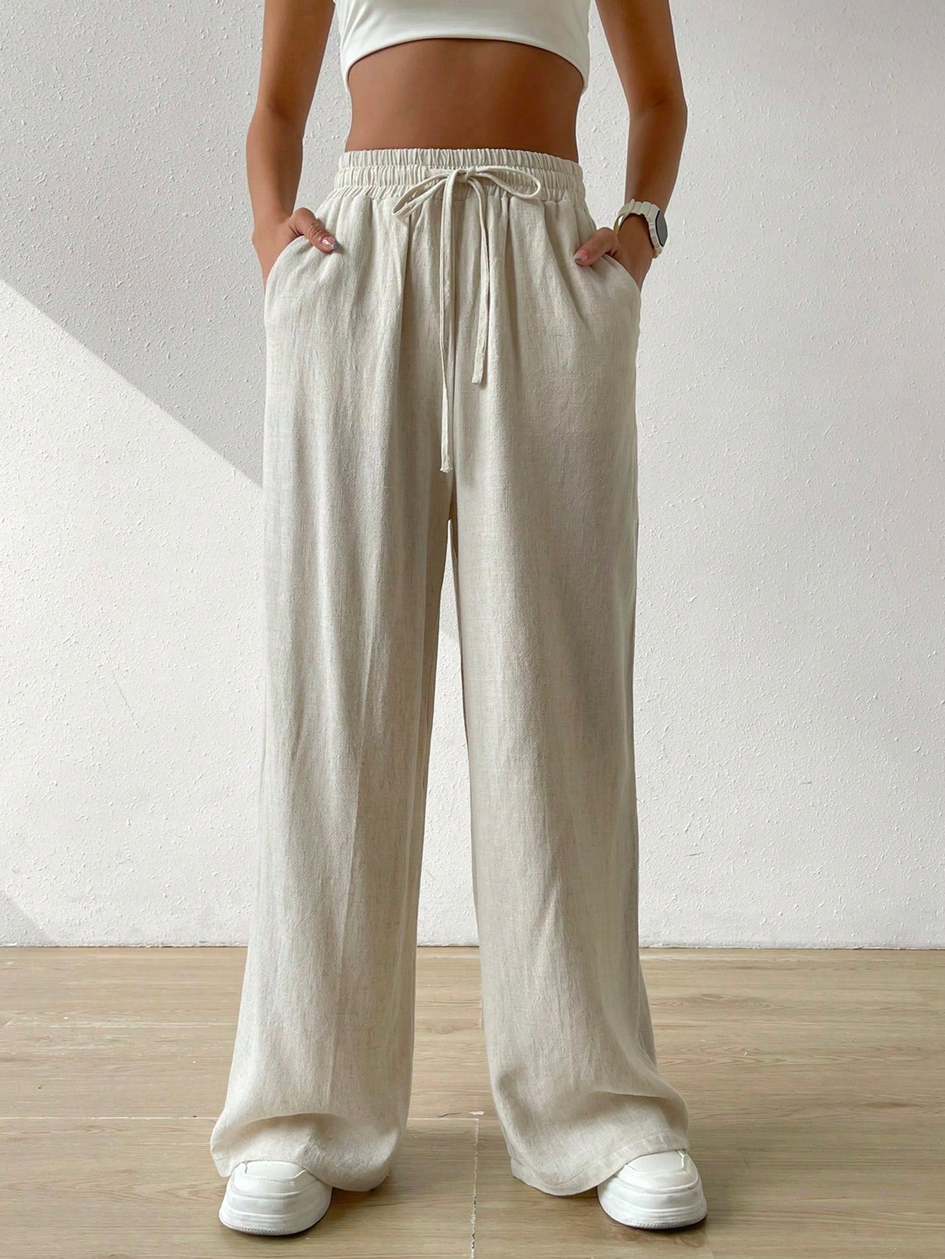 Women's Summer Solid Color Beige High Waist Drawstring Waist Linen Wide Leg Pants