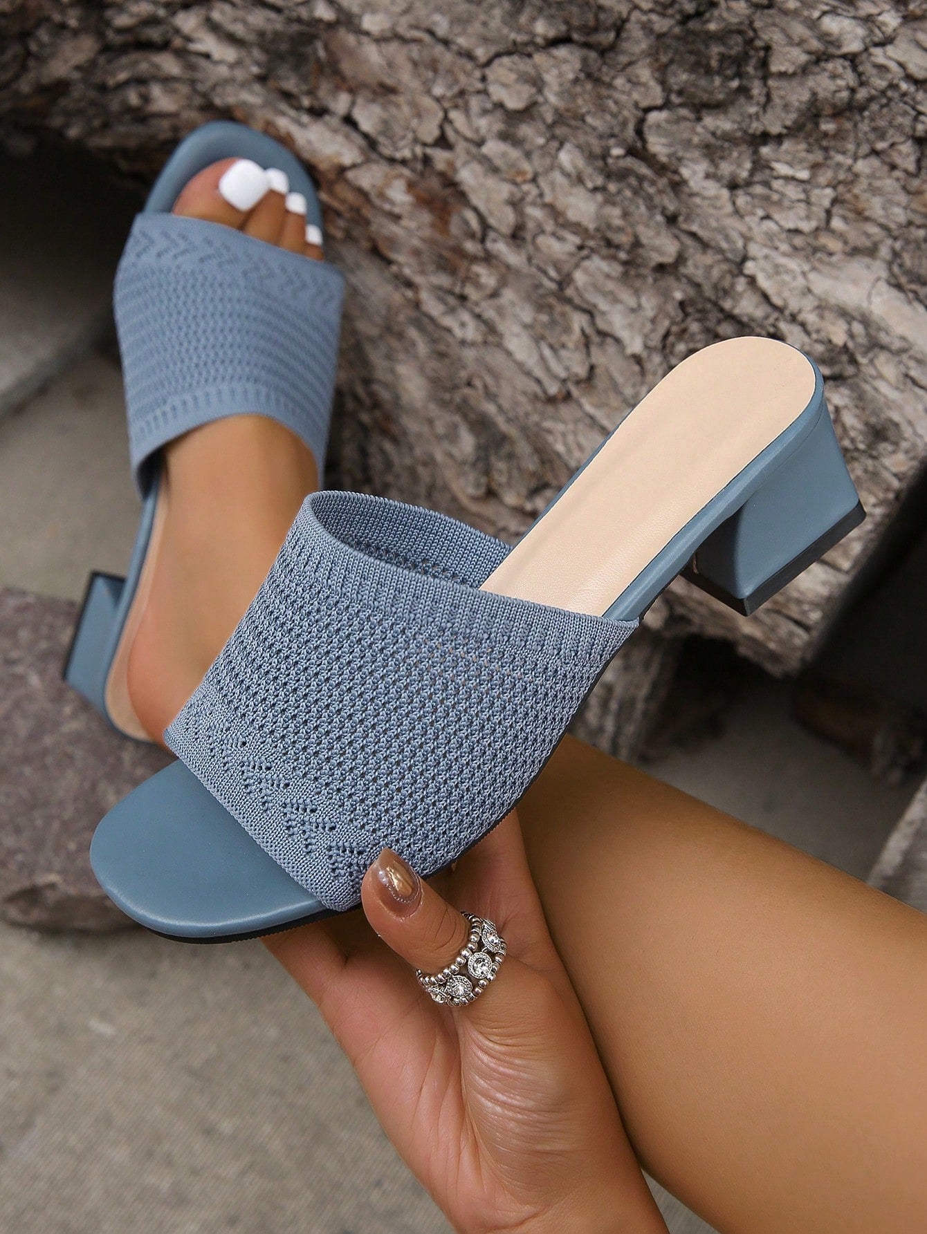 Knitted And Comfortable Women Square Toe High Heeled Sandals