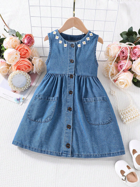 Young Girl Floral Embroidery Button Front Dual Pocket Denim Dress