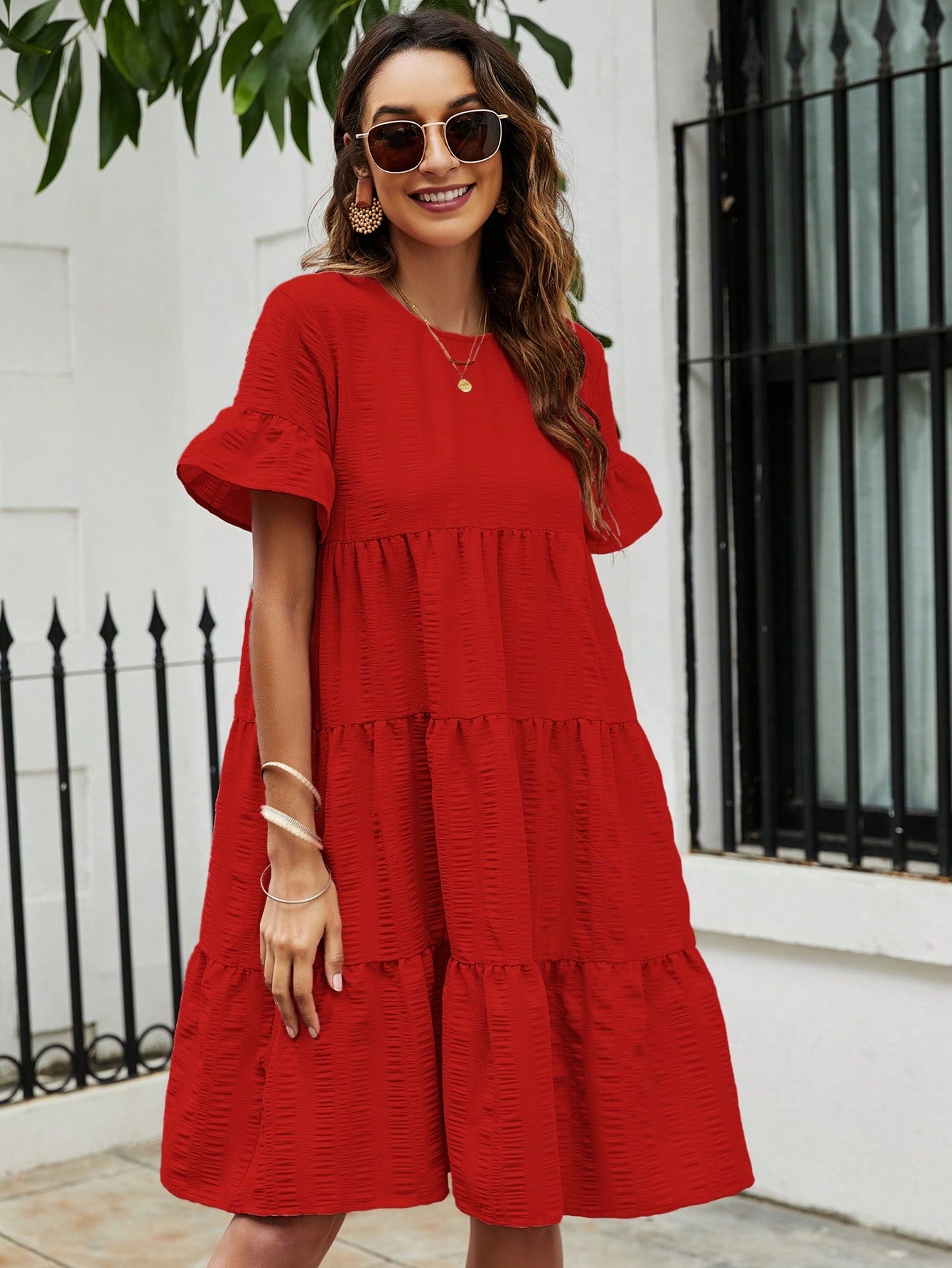 Flare Sleeve Ruffle Hem Smock Dress