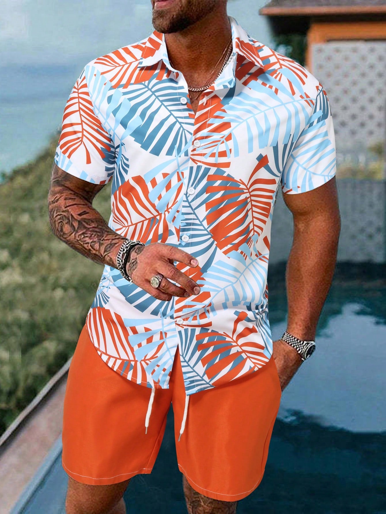 Men Beach Outfits Tropical Print Shirt & Drawstring Waist Shorts