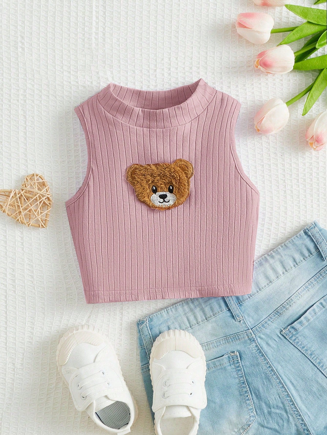 Solid Color Small Turtleneck Short Young Girl Bear Sticker Detail Tank Top For Summer