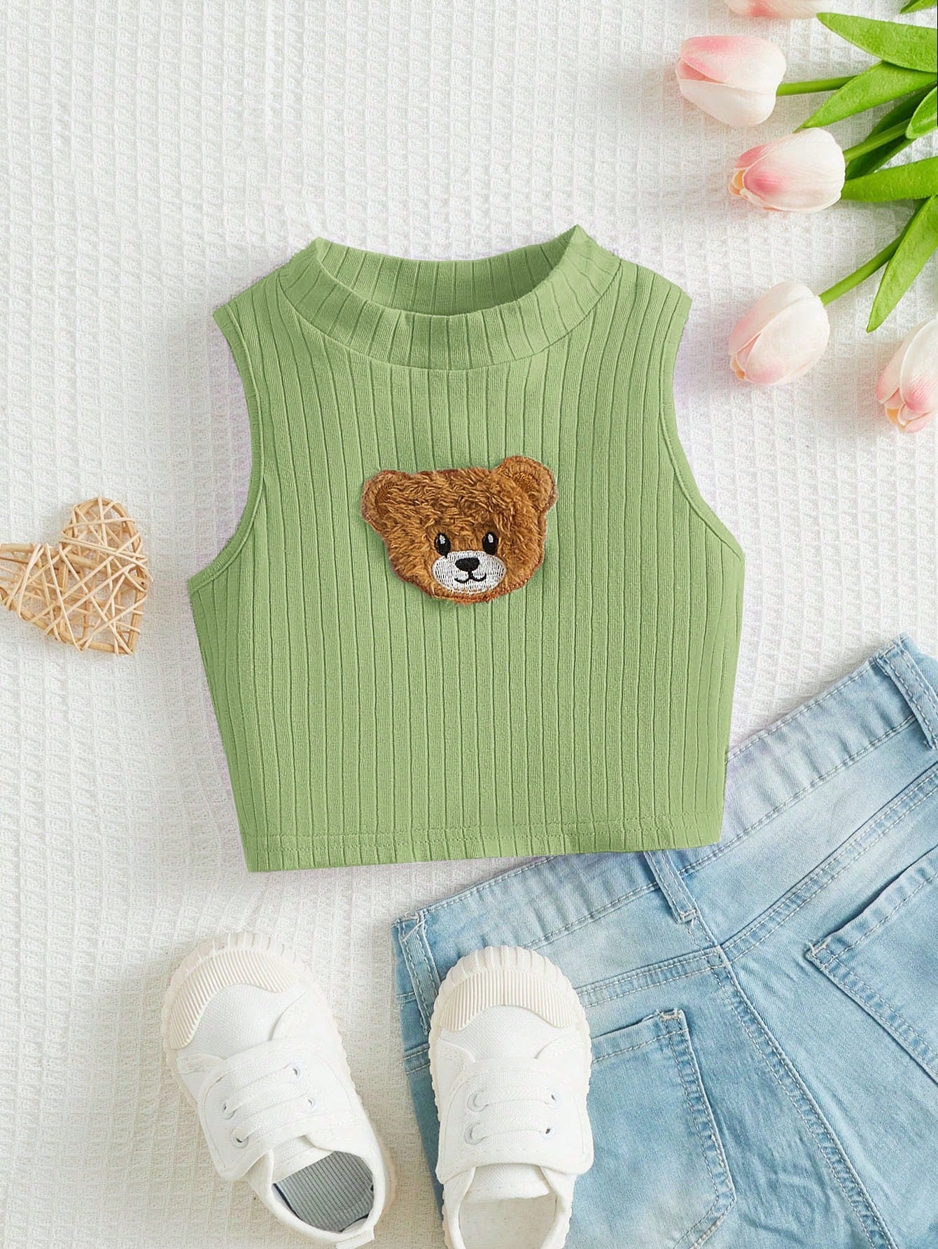 Solid Color Small Turtleneck Short Young Girl Bear Sticker Detail Tank Top For Summer