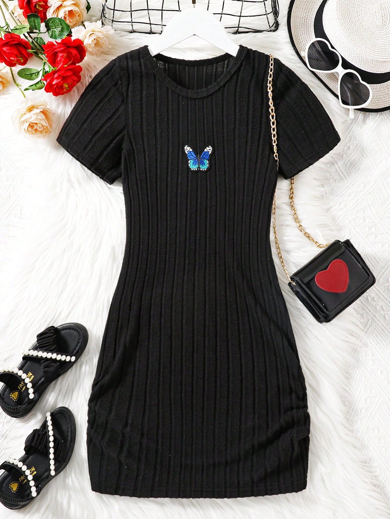 Tween Girl Butterfly Embroidery Ribbed Knit Dress