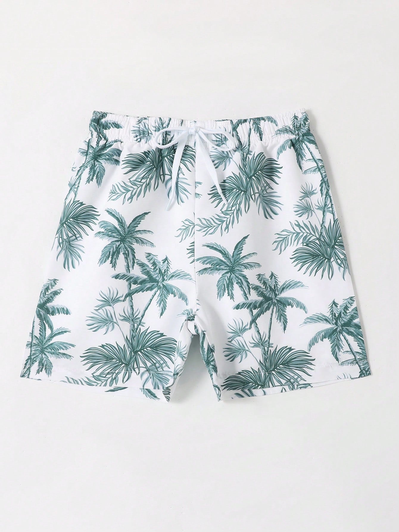 Young Boys' Coconut Tree Printed White Beach Shorts For Playing And Swimming On Beach