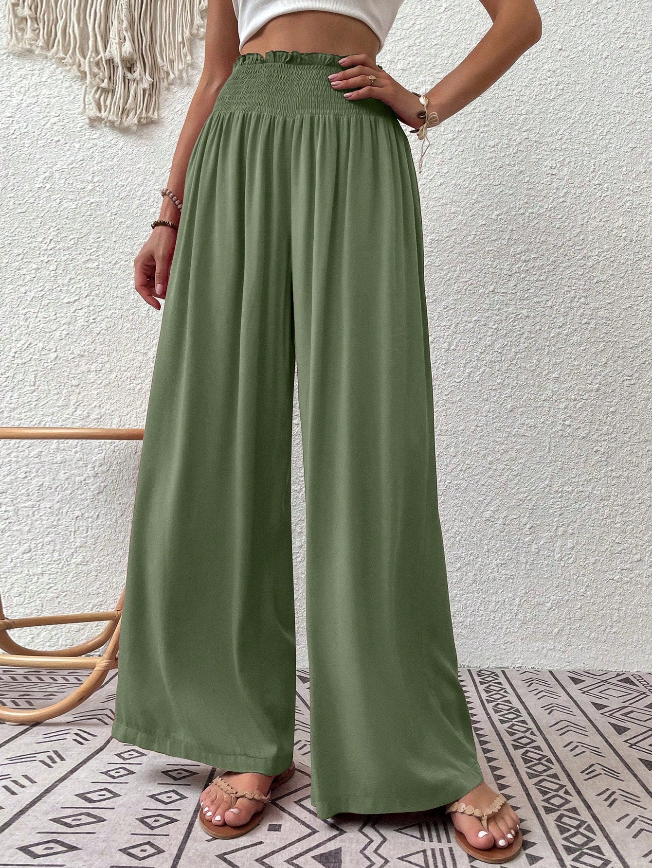 Shirred Waist Wide Leg Pants