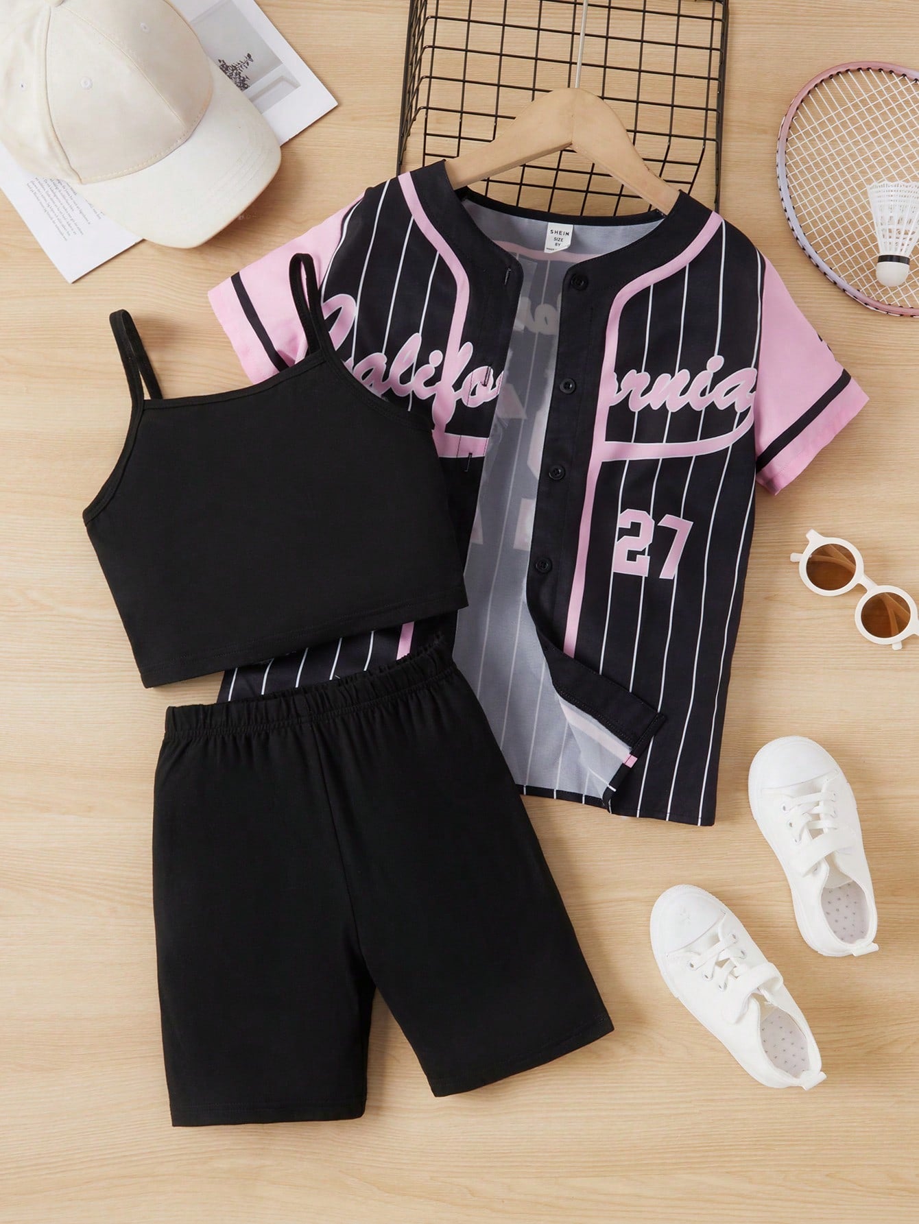 Tween Girl Striped & Letter Graphic Shirt & Shorts & Cami Top