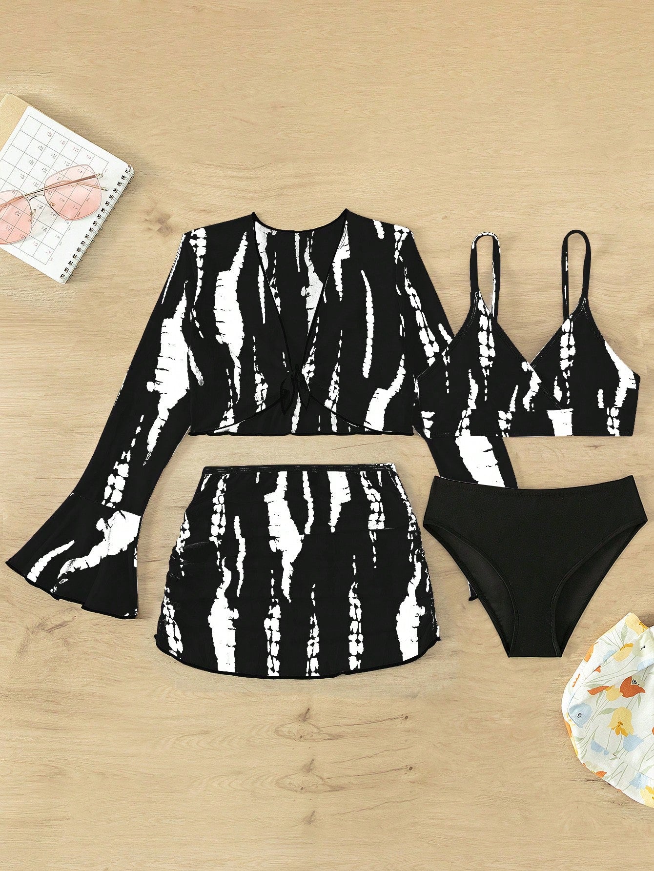 Teen Girls Allover Print Bikini Set With Flounce Sleeve Cover Up Set Matching Set Summer Beach