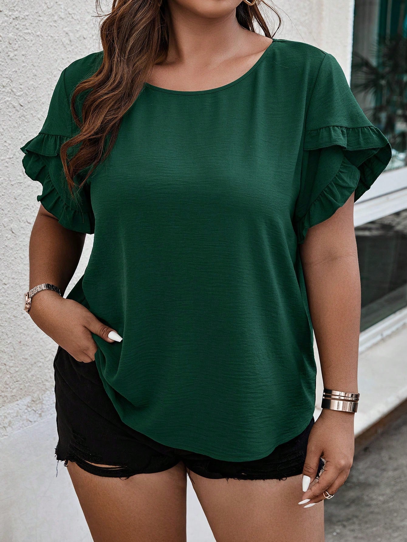 Plus Solid Ruffle Trim Blouse