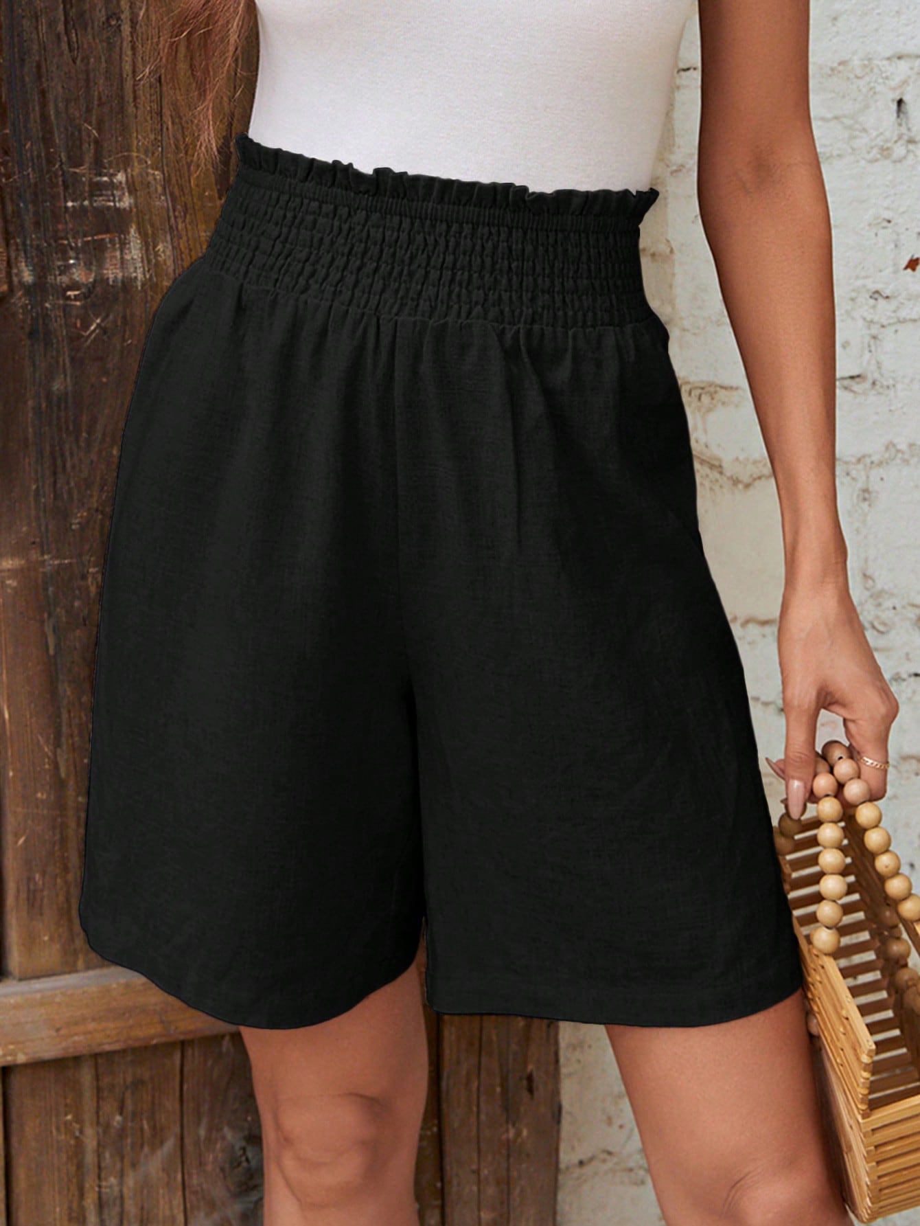 Solid Paperbag Waist Wide Leg Shorts