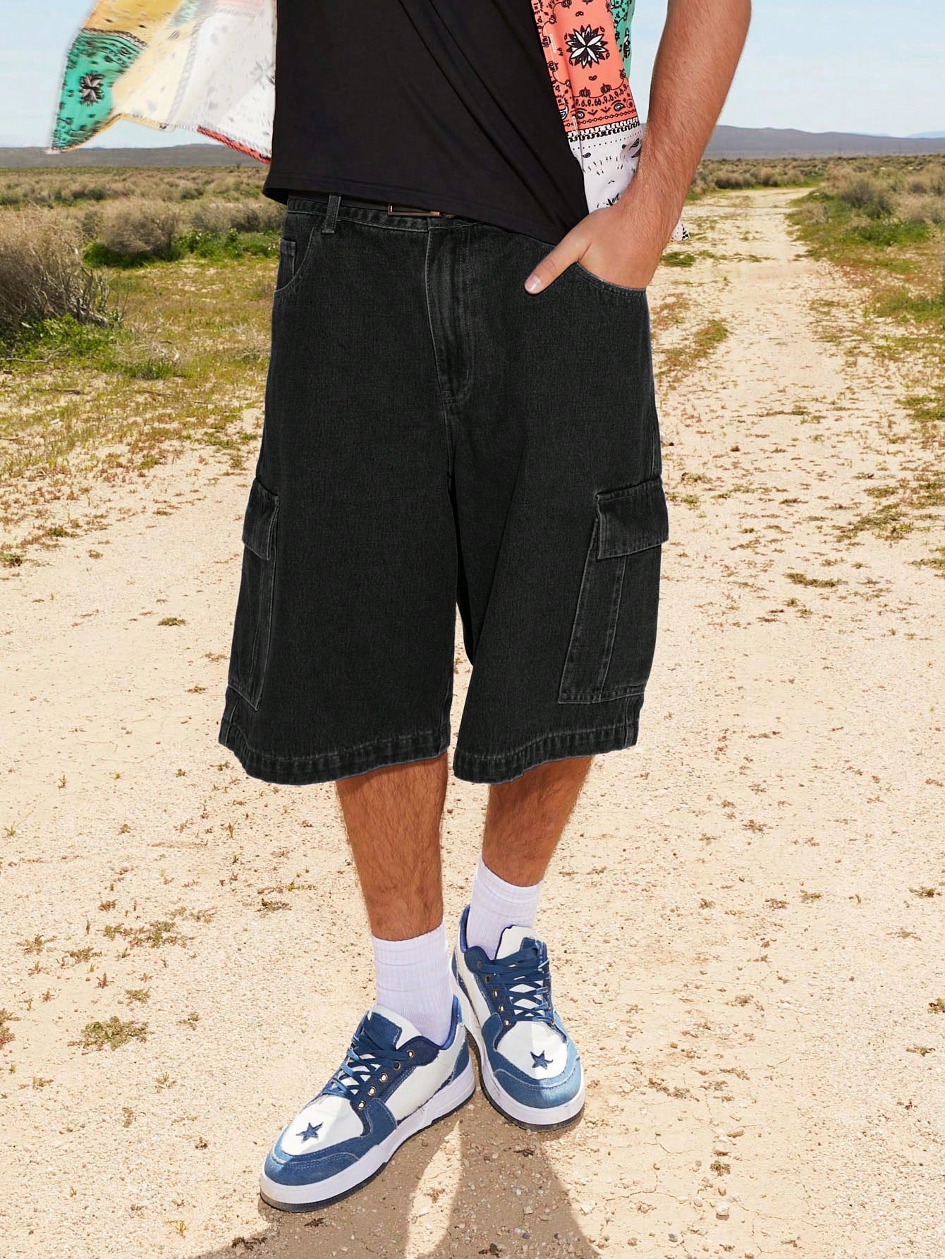 Men's Loose Denim Shorts With Flap Pockets And Side Stripes Baggy Long Plain Dark Blue Going Out Funny Couple Matching