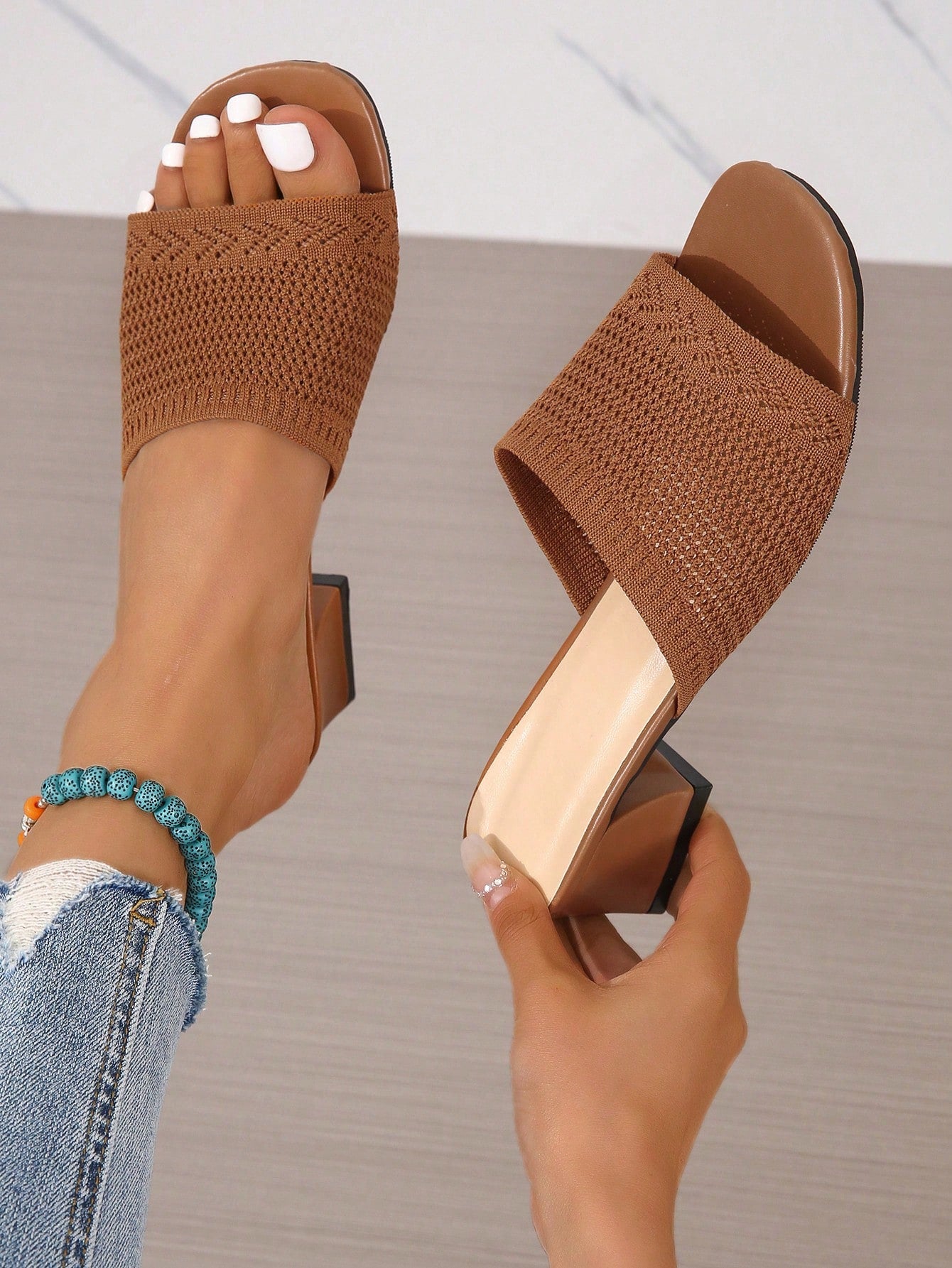 Women Ribbed Chunky Heeled Sandals, Elegant Brown Fabric Mule Sandals