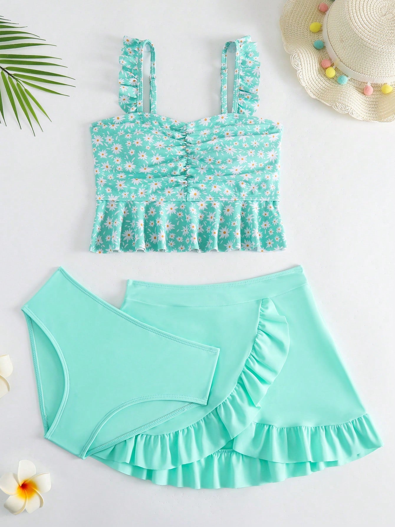 Tween Girl Ditsy Floral Print Ruffle Hem Bikini Swimsuit With Beach Skirt