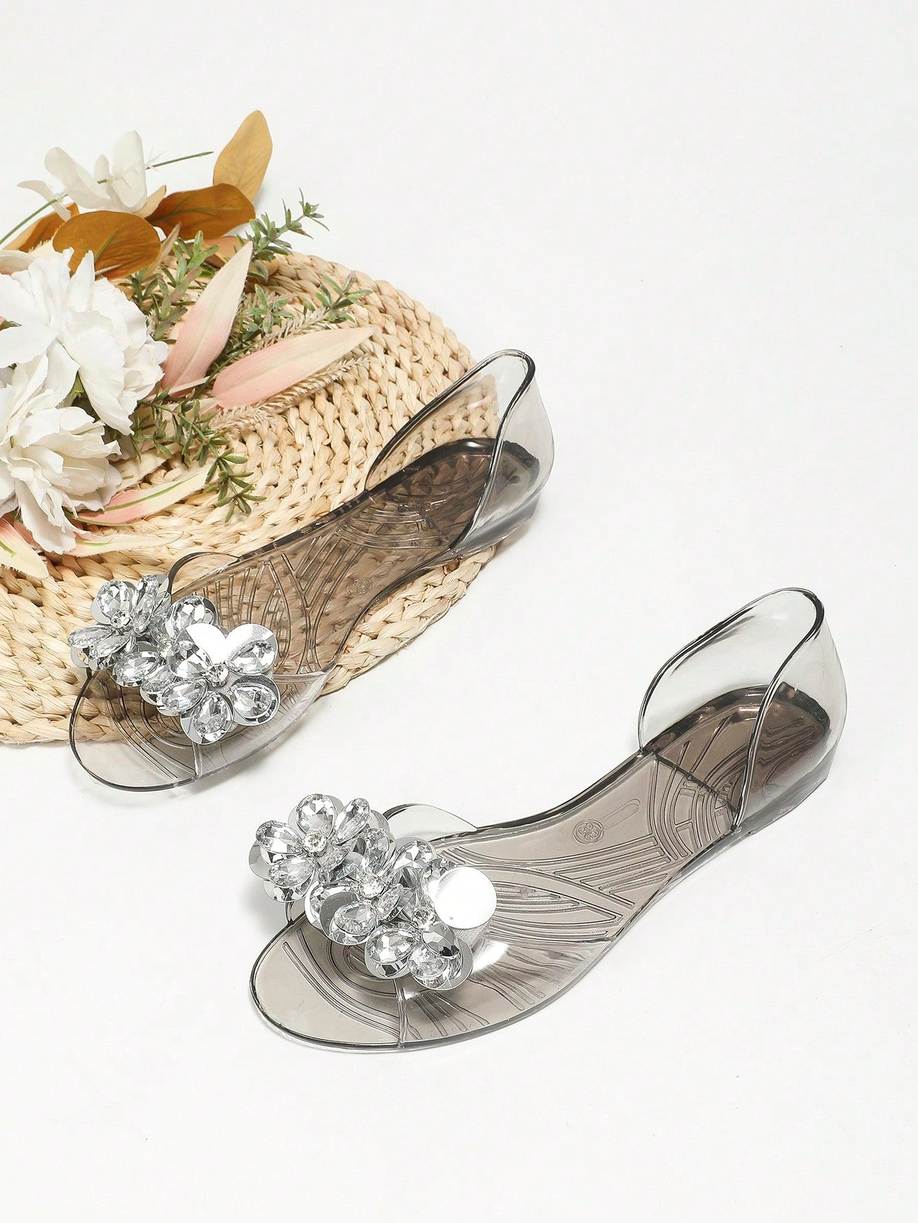 Women Rhinestone & Flower Decor Slip On Flats, Glamorous Party PVC Flat Shoes