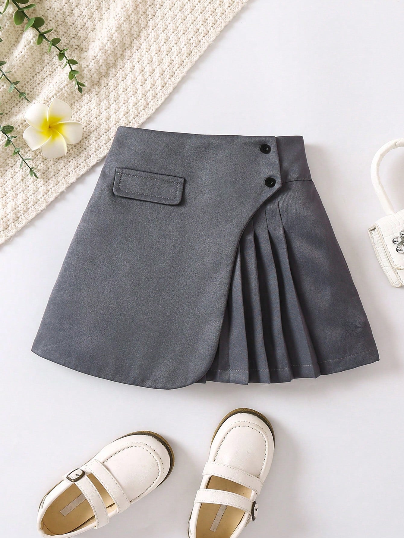 Young Girl Pleated Panel Button Detail Skirt